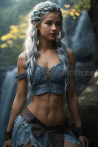 银发少女瀑布边的奇幻冒险