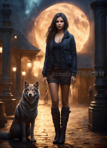 月夜古街与忠犬相伴
