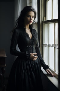 窗边黑裙女子凝望远方