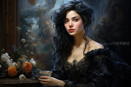 卷发美人手持茶杯品茗