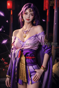 紫衣古风美人，夜灯花瓣飞舞