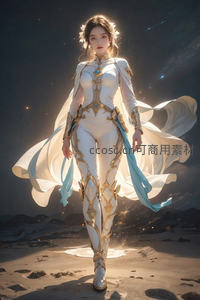 星辉圣女于荒漠中降临，白袍金饰闪耀神圣之光