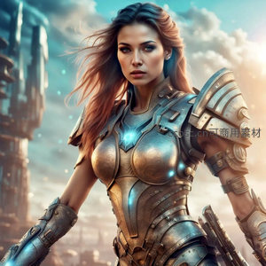机甲女战士屹立未来都市，蓝光胸甲彰显科技力量