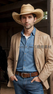 牛仔绅士倚门而立，草帽牛仔服尽显西部风情