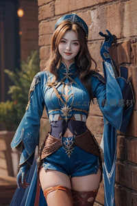 蓝衣战士倚墙而立