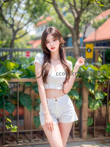 绿意盎然中的俏皮少女