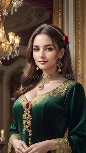 宫廷贵妇华服端庄，绿绒镶金显贵气