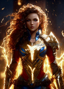 雷电女王怒目而视，金甲闪耀如神祇