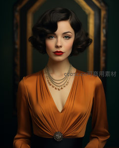 珍珠项链与橙色礼服的华贵