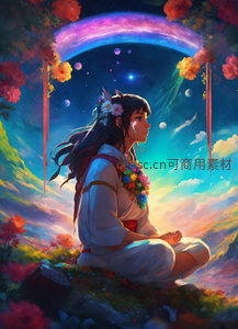 星空下冥想少女置身奇幻花园
