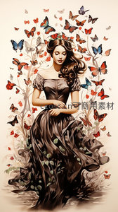 蝴蝶环绕的优雅复古女郎