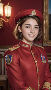 红衣少女军官微笑凝视镜头