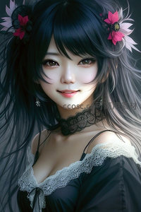 黑发少女头戴红花，蕾丝衣领优雅迷人