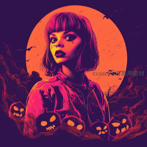 霓虹万圣夜，少女与南瓜灯共舞月色