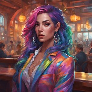 彩虹发女孩酒吧中，彩色外套闪耀夺目