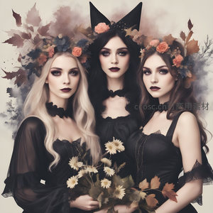 三女巫秋日花环，手持白菊神情肃穆