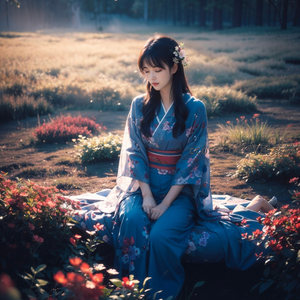和风少女静坐花丛，晨光温柔洒落