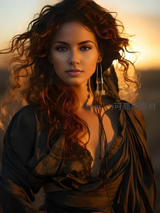 夕阳下的卷发女郎，风拂发丝如歌