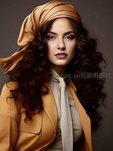 优雅卷发女性头戴米色头巾肖像