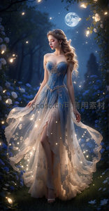 月光花园中蓝裙仙女梦幻漫步