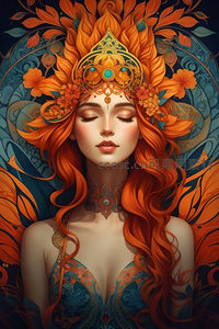 橙红长发女神闭目冥想艺术插画