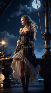 月夜码头女海盗凝望远方海面