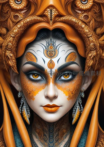 橙色神祇妆容女子配复杂头饰