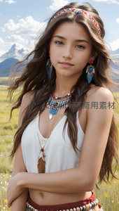 草原少女头戴花环耳坠迎风微笑