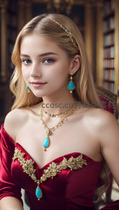 红裙少女佩戴蓝宝石珠宝