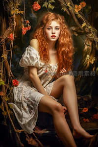 红发少女在藤蔓花丛中静坐