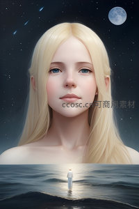 星空下金发少女与海面孤影