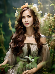 花环女神在晨雾森林中微笑