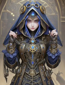 蓝袍女祭司身披华丽铠甲，头戴神秘法冠