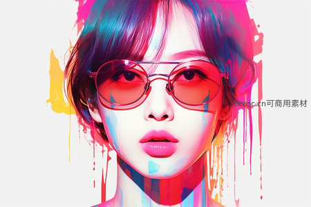 霓虹色彩泼溅下的时尚墨镜女孩