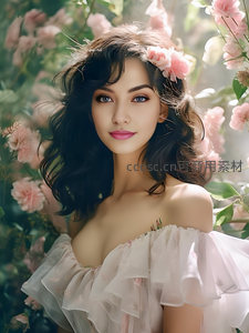 花环少女在玫瑰丛中微笑