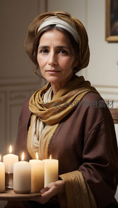 烛光映照古装女子，手持蜡烛神情肃穆