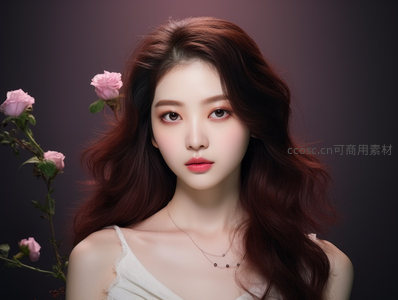 柔美玫瑰旁的少女