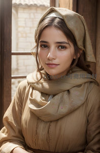 古风少女窗边静思，头巾轻柔映阳光