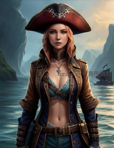 女海盗立于海崖，红帽皮衣英姿飒爽