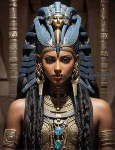 古埃及女王头戴蓝金王冠，威严神圣