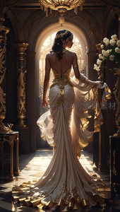 贵族新娘背影优雅，金色礼服曳地