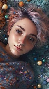 粉紫短发少女躺卧彩珠间