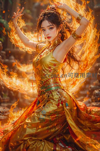 金袍舞者火焰环绕翩翩起舞