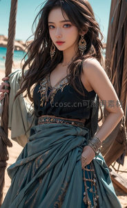 异域风情女子倚绳而立
