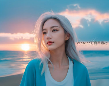 银发少女海边日落剪影
