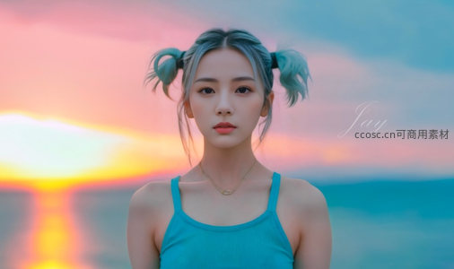 双马尾少女夕阳海边写真