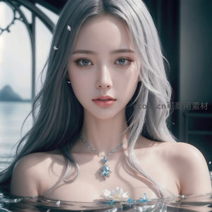 银发少女水中静谧，蓝钻项链闪耀