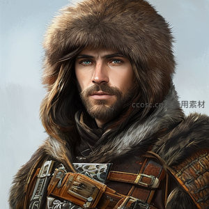 雪地猎人，毛帽遮面目光如炬