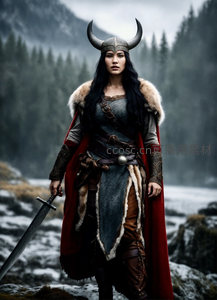 维京女战士，雪山之巅持剑而立