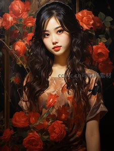 玫瑰花丛中的温柔少女